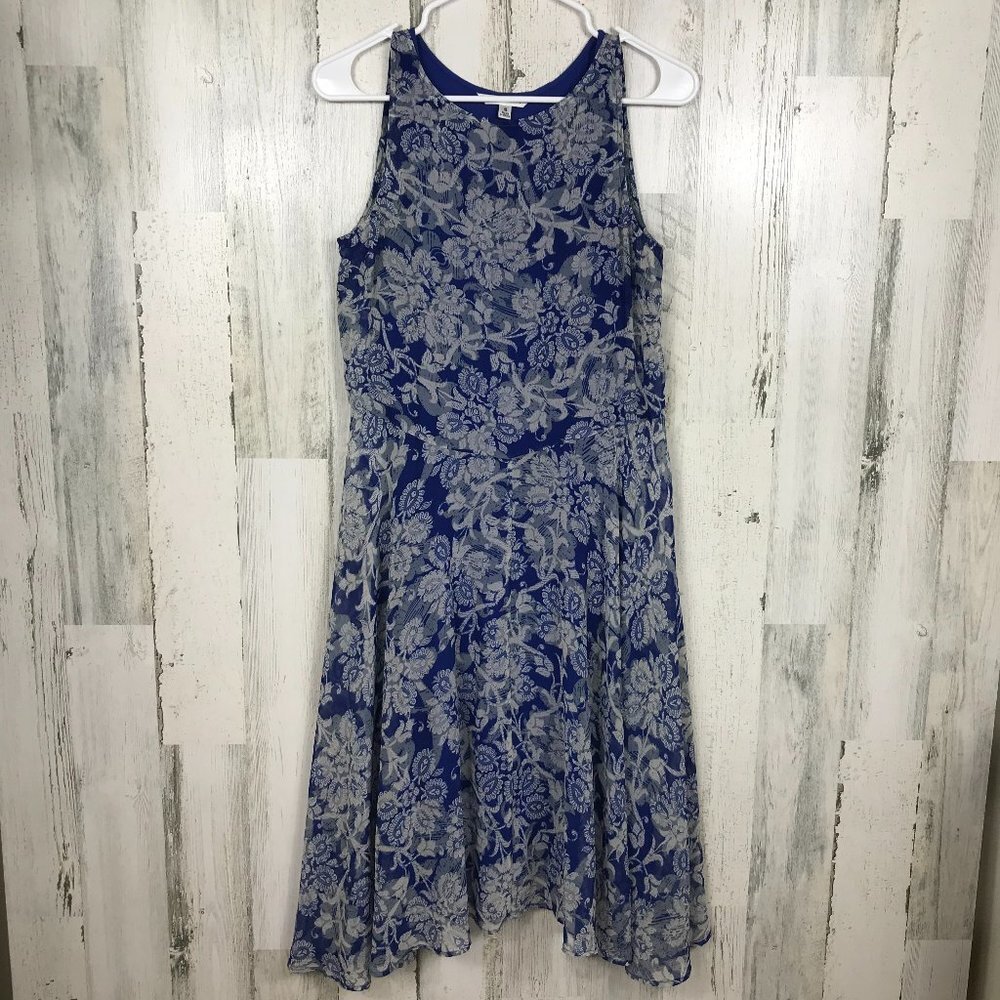 CAbi floral dress 2 piece midi length blue white flowy sleeveless beachy coastal